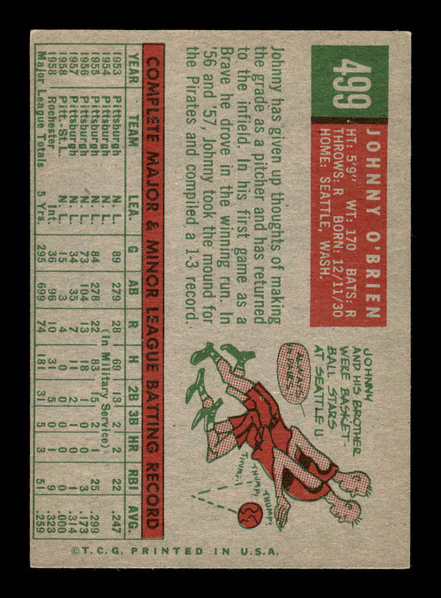 1959 Topps #499 Johnny O'Brien Milwaukee Braves NMT HOF10011488