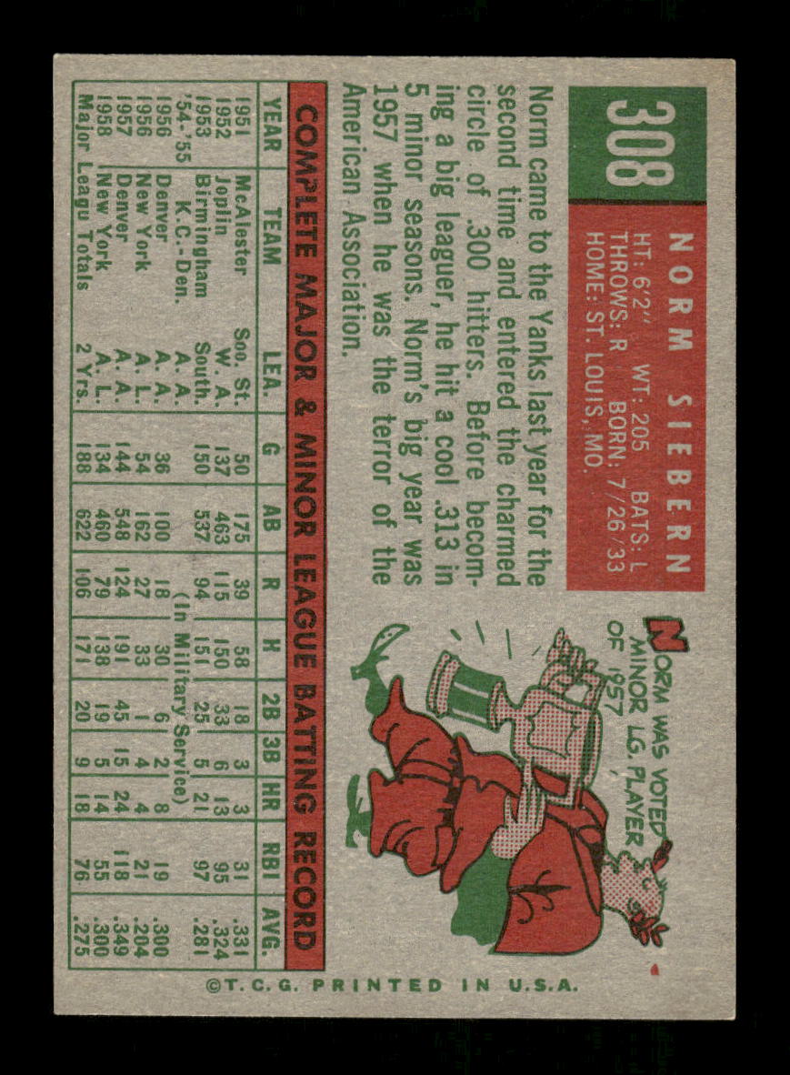 1959 Topps #308 Norm Siebern New York Yankees NMT HOF10011512