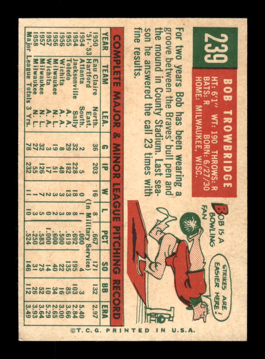 1959 Topps #239a Bob Trowbridge Milwaukee Braves NMT HOF10011523