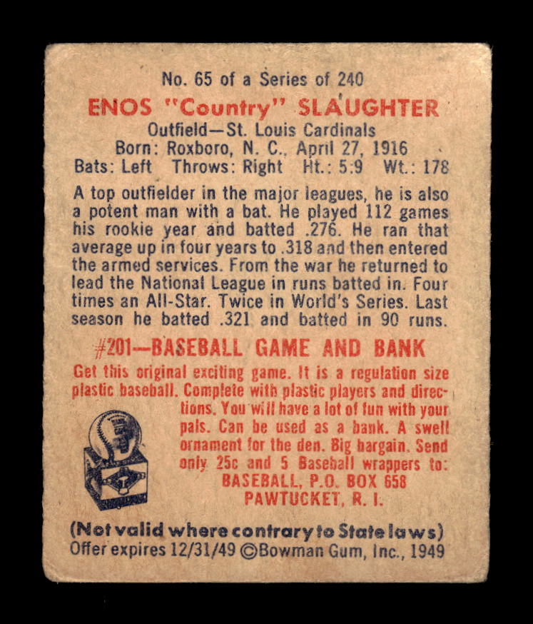 1949 Bowman #65 Enos "Country" Slaughter St. Louis Cardinals VG HOF10011537