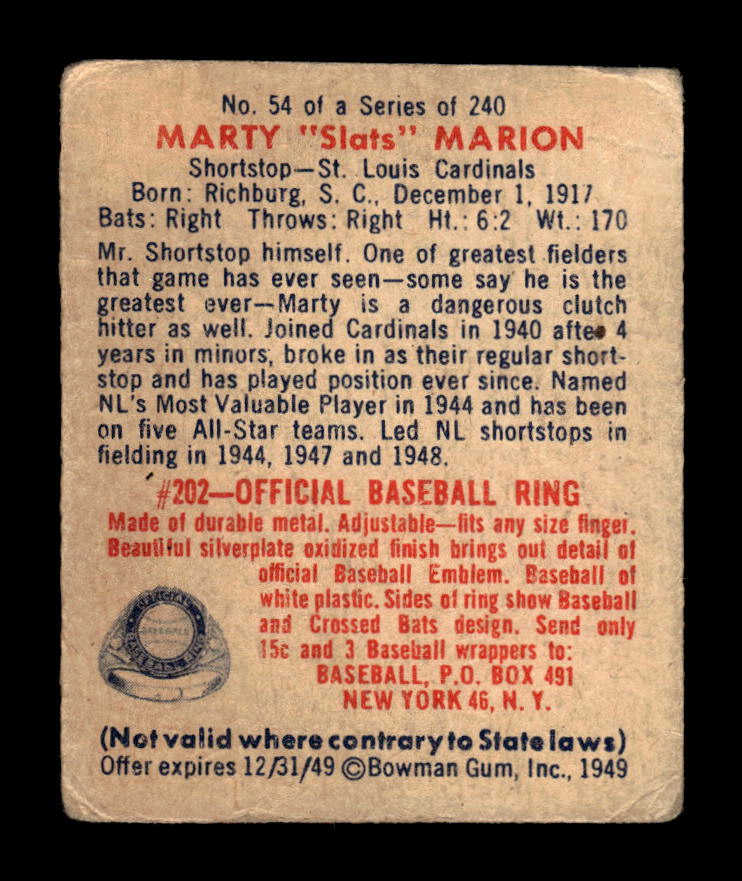 1949 Bowman #54 Marty "Slats" Marion St. Louis Cardinals VG HOF10011538