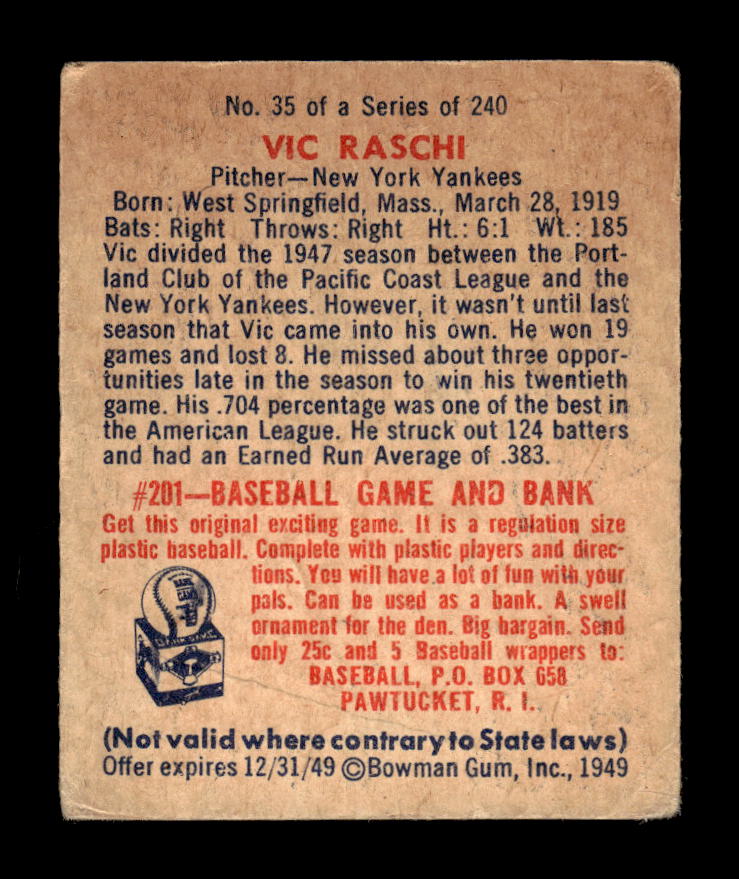 1949 Bowman #35 Vic Raschi New York Yankees G/VG HOF10011539
