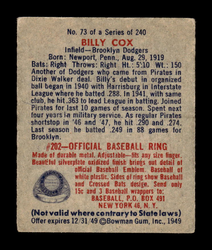1949 Bowman #73 Billy Cox Brooklyn Dodgers VGEX HOF10011540