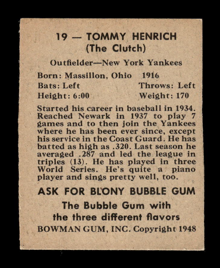1948 Bowman #19 Tommy Henrich New York Yankees VGEX HOF10011541