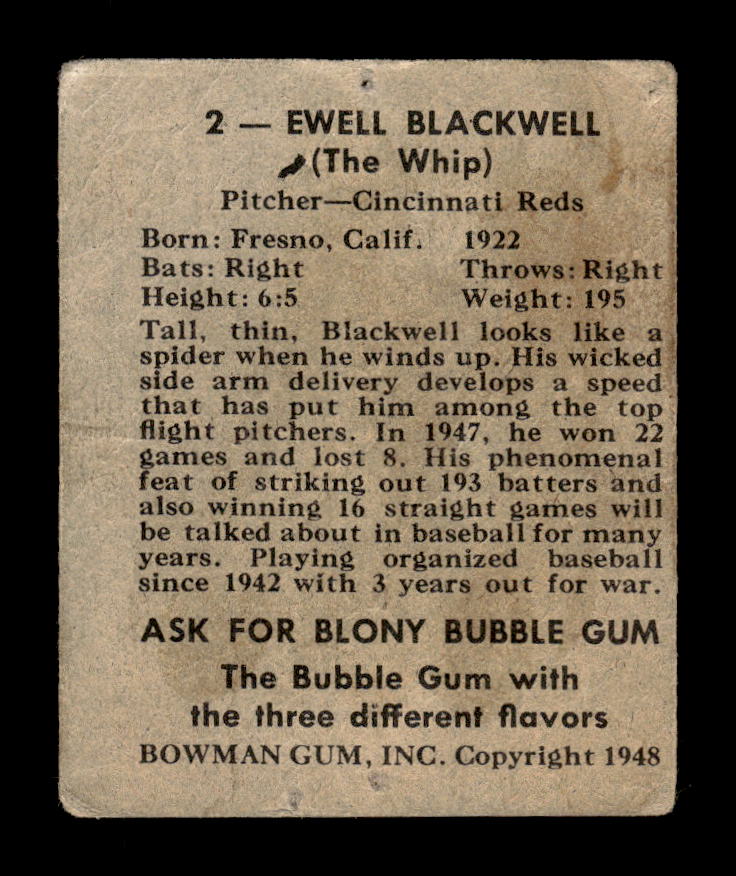 1948 Bowman #2 Ewell Blackwell Cincinnati Reds Poor HOF10011542