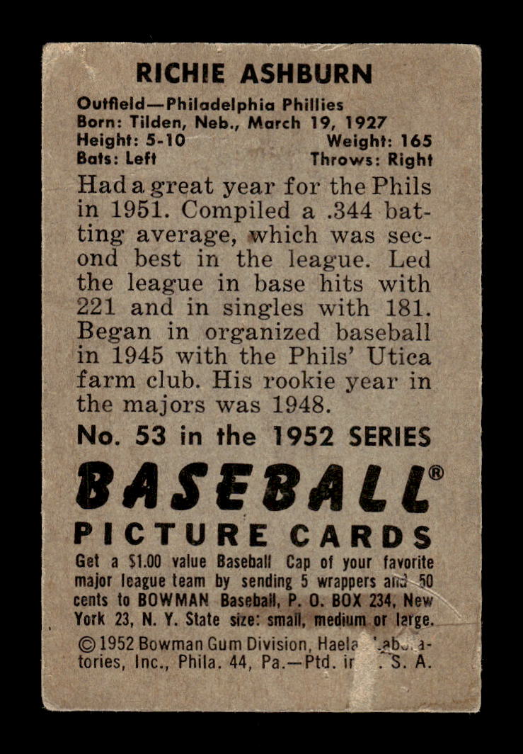 1952 Bowman #53 Richie Ashburn Philadelphia Phillies G/VG HOF10011543