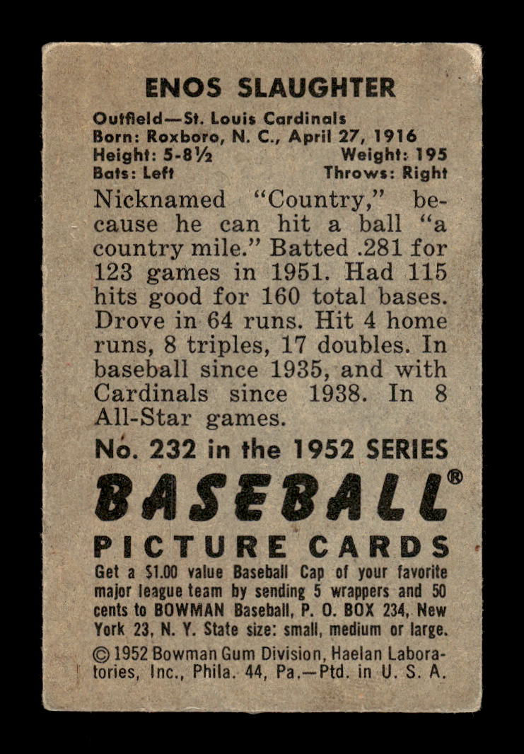 1952 Bowman #232 Enos Slaughter St. Louis Cardinals VG HOF10011544