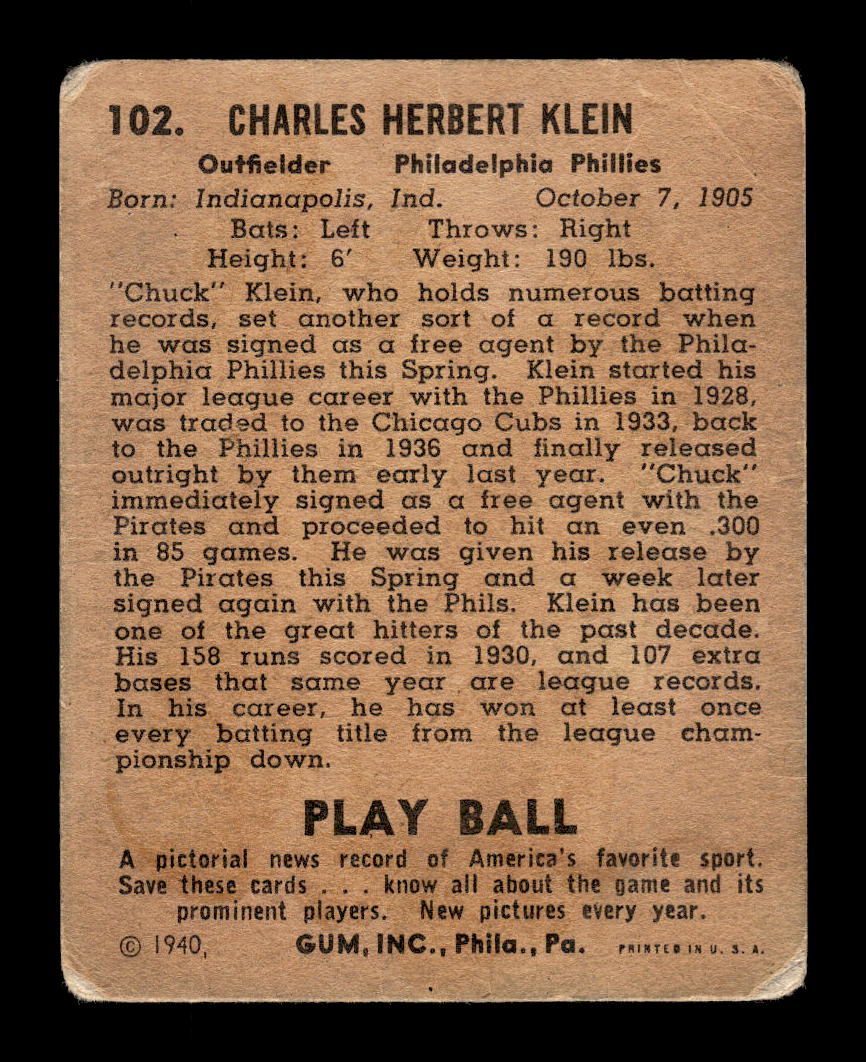 1940 Play Ball #102 Chuck Klein Philadelphia Phillies Poor HOF10011545