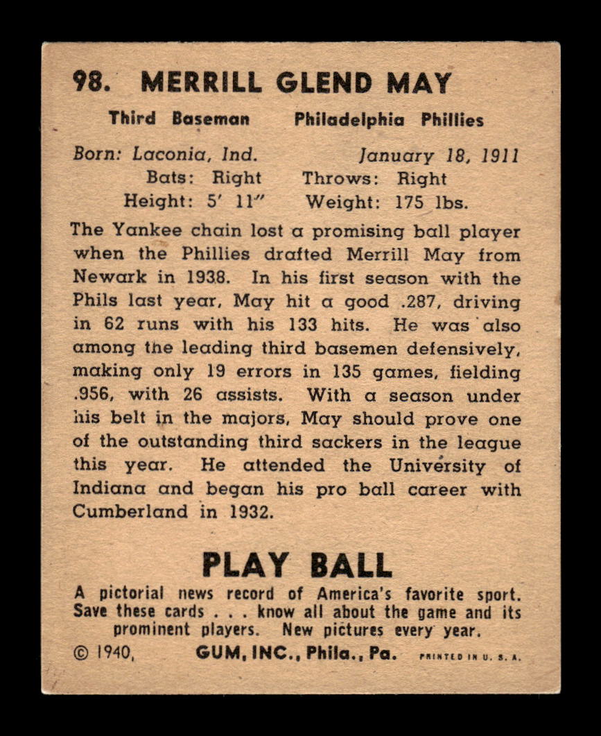 1940 Play Ball #98 Pinky May Philadelphia Phillies EX HOF10011546