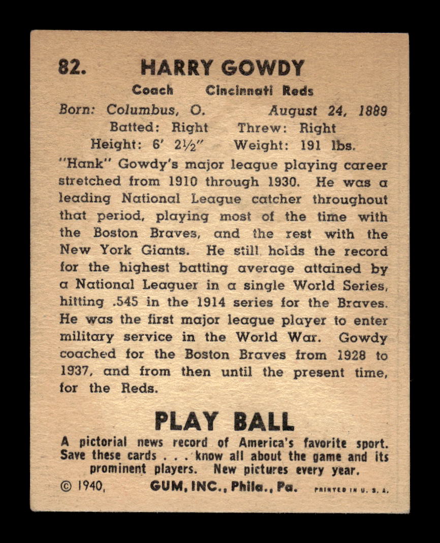 1940 Play Ball #82 Hank Gowdy Cincinnati Reds VGEX HOF10011547