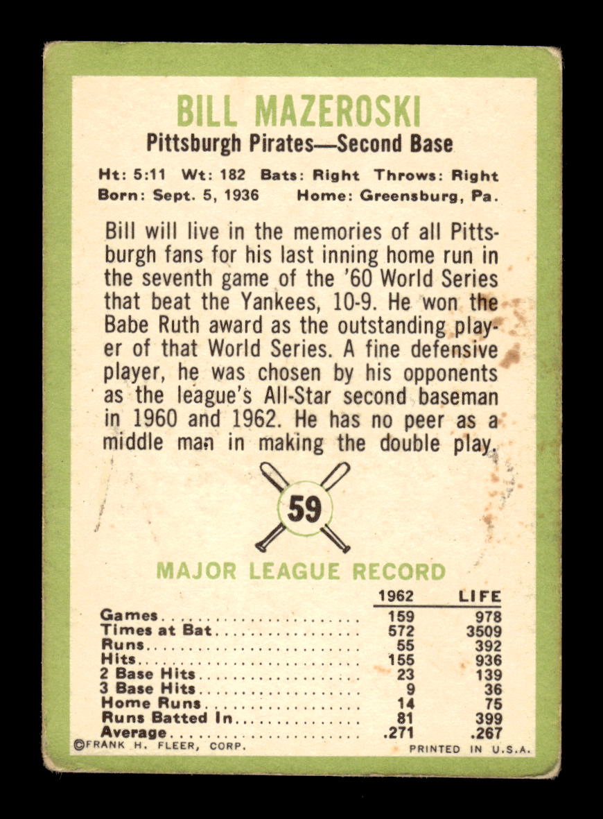 1963 Fleer #59 Bill Mazeroski Pittsburgh Pirates VG HOF10011553