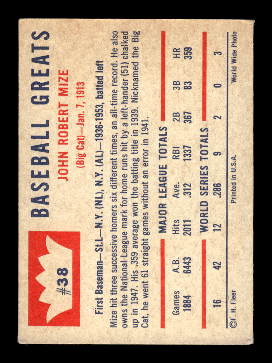 1960 Fleer Baseball Greats #38 Johnny Mize VGEX HOF10011554