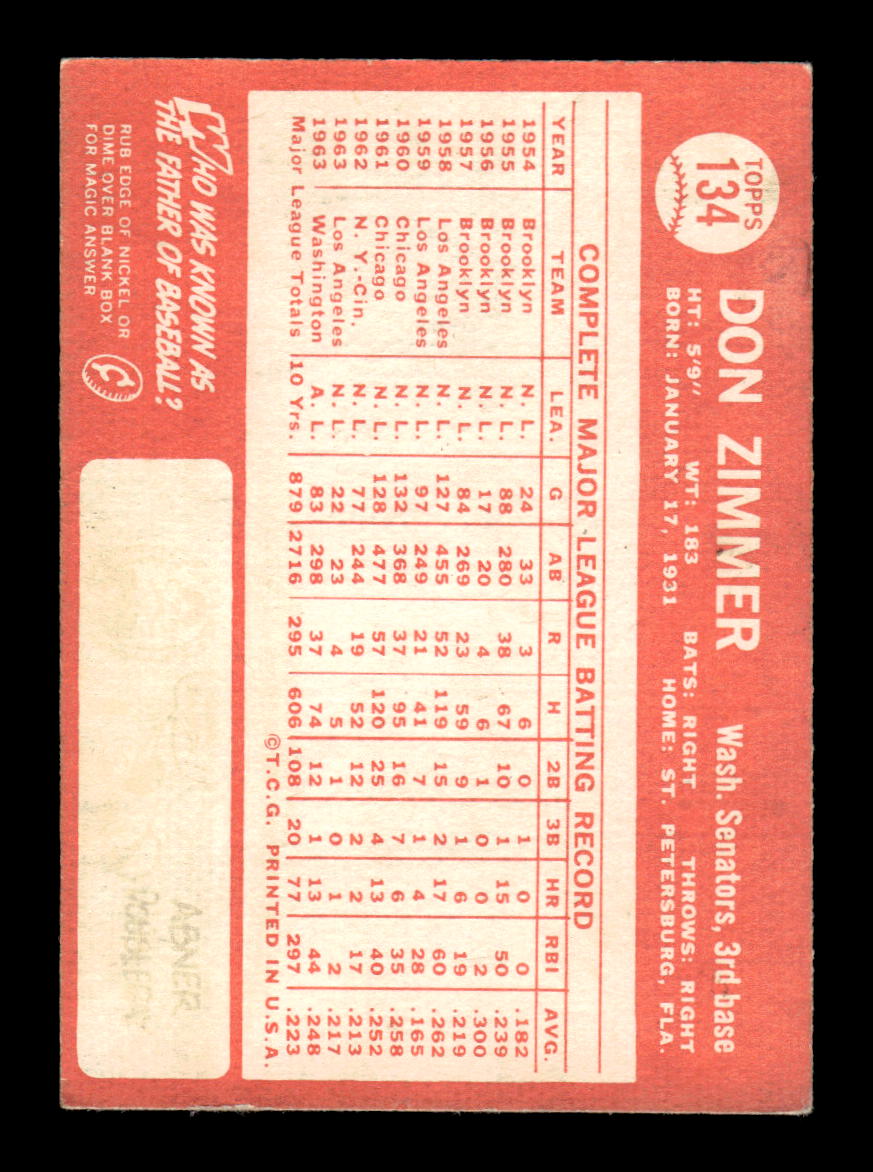 1964 Topps #134 Don Zimmer Washington Senators VG HOF10011585
