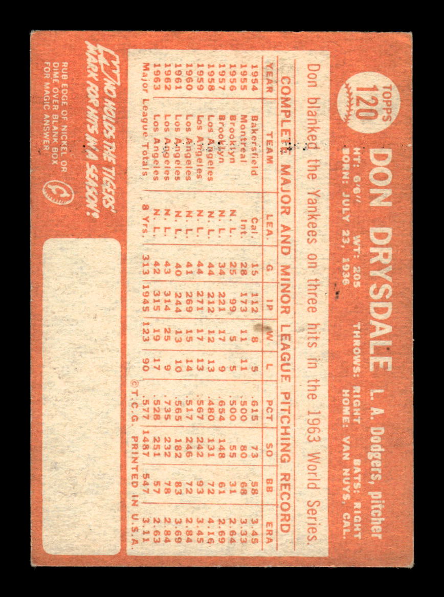 1964 Topps #120 Don Drysdale Los Angeles Dodgers VGEX HOF10011588