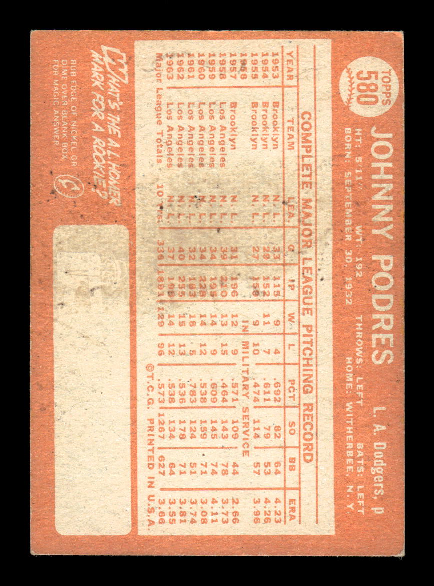 1964 Topps #580 Johnny Podres Los Angeles Dodgers G/VG HOF10011608