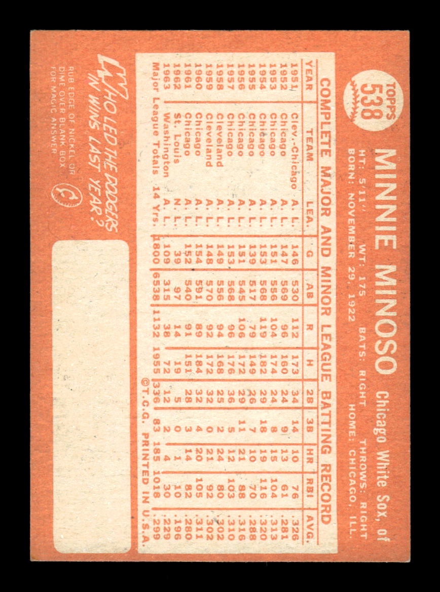 1964 Topps #538 Minnie Minoso Chicago White Sox VGEX HOF10011609