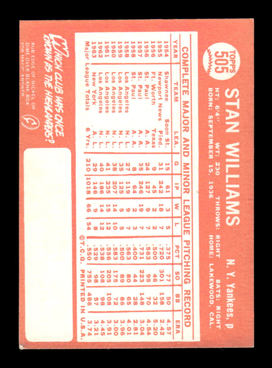 1964 Topps #505 Stan Williams New York Yankees VGEX HOF10011610
