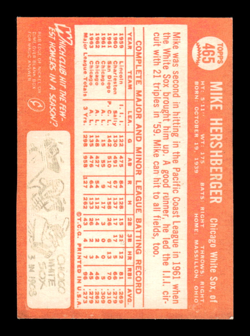 1964 Topps #465 Mike Hershberger Chicago White Sox VGEX HOF10011614