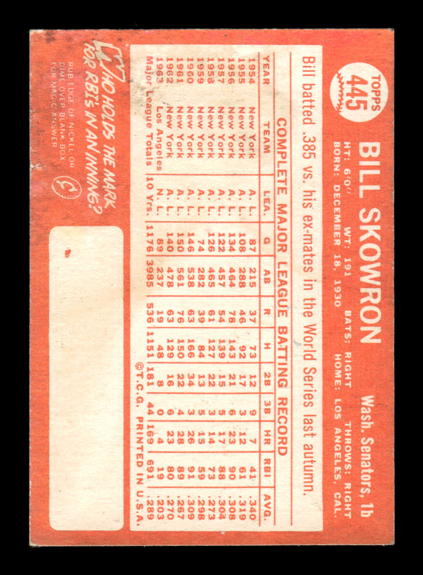 1964 Topps #445 Bill Skowron Washington Senators G/VG HOF10011616