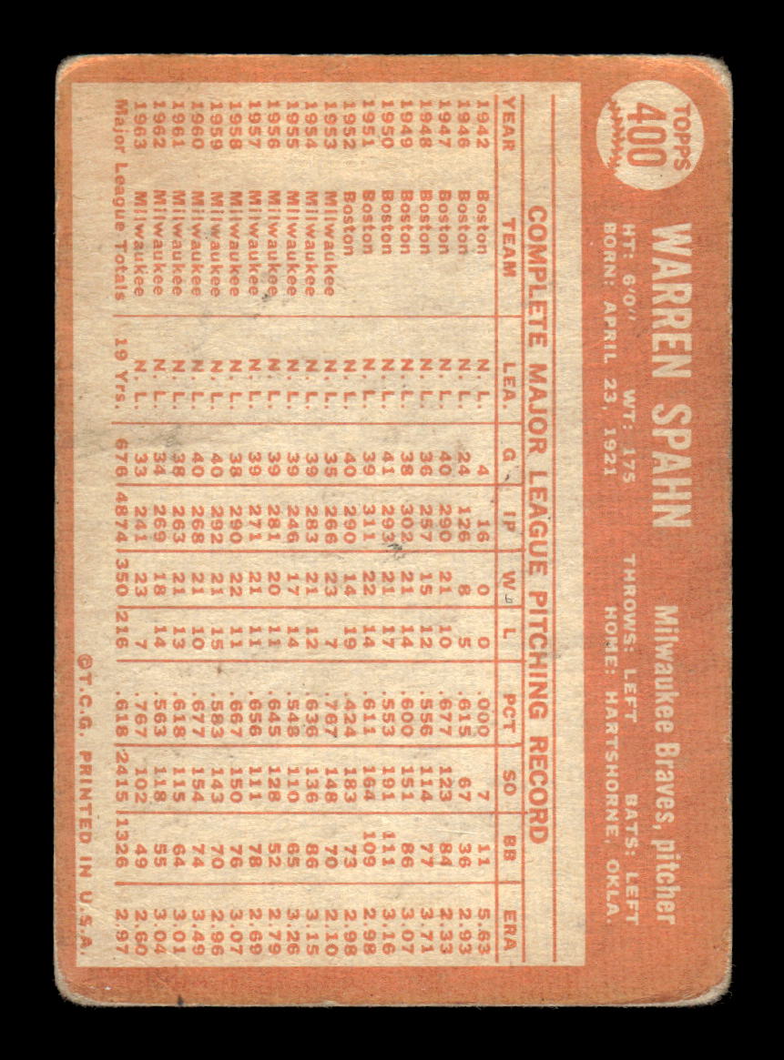 1964 Topps #400 Warren Spahn Milwaukee Braves Poor HOF10011620