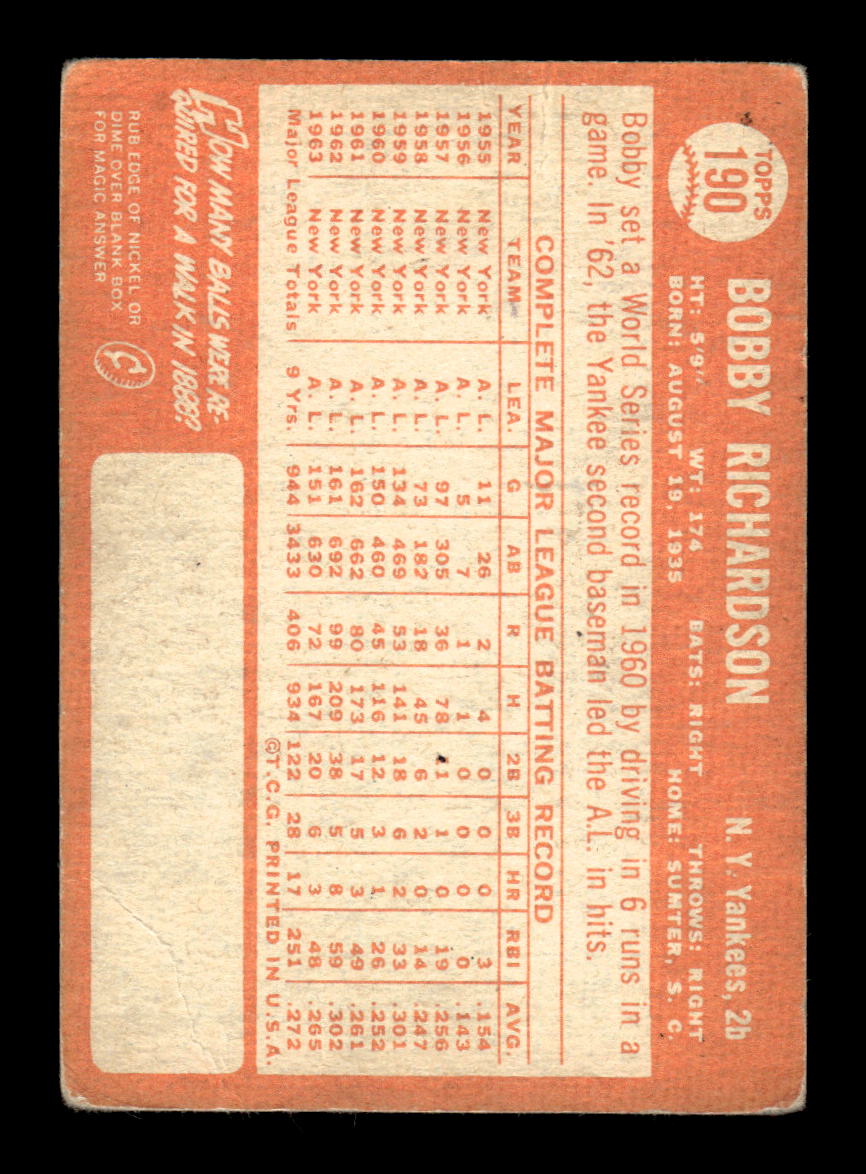 1964 Topps #190 Bobby Richardson New York Yankees G/VG HOF10011634