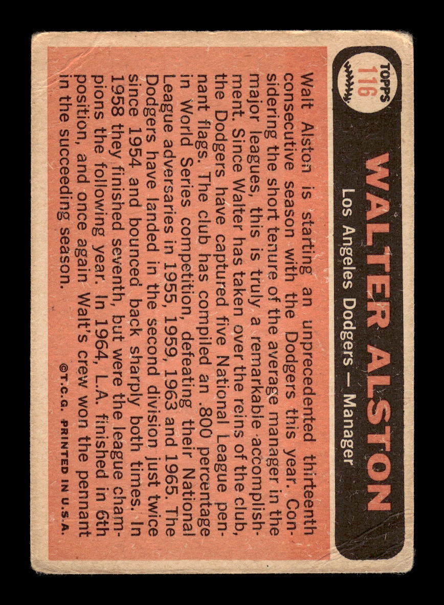 1966 Topps #116 Walt Alston Los Angeles Dodgers G/VG HOF10011650