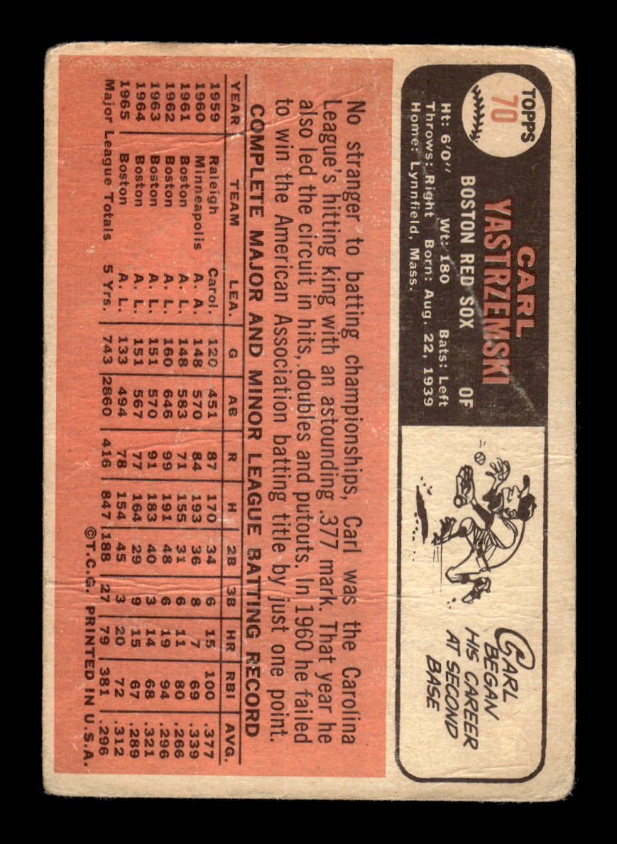 1966 Topps #70 Carl Yastrzemski Boston Red Sox Poor HOF10011655