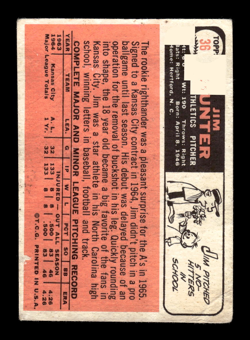 1966 Topps #36 Jim Hunter Kansas City Athletics Poor HOF10011656