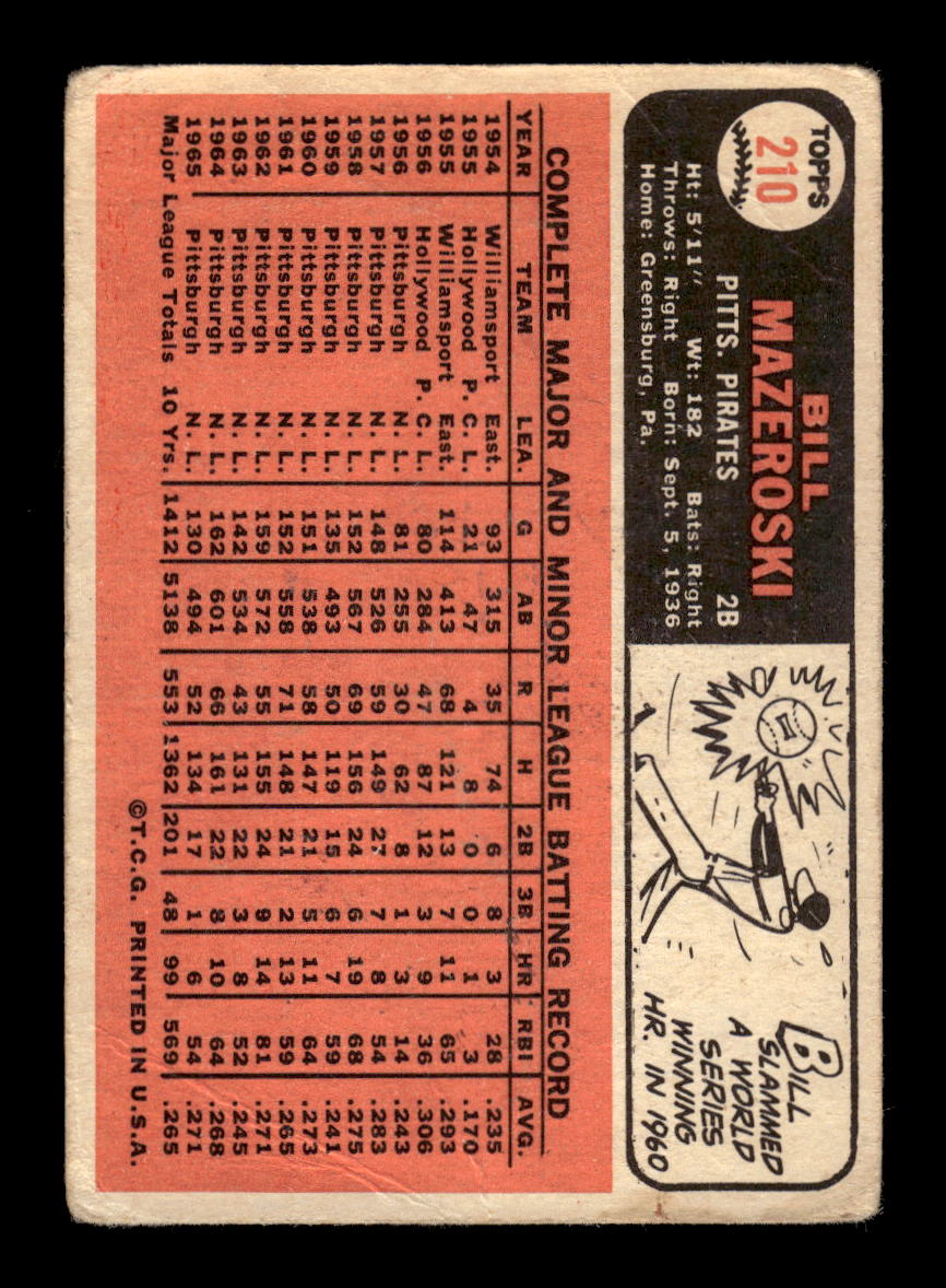 1966 Topps #210 Bill Mazeroski Pittsburgh Pirates G/VG HOF10011662