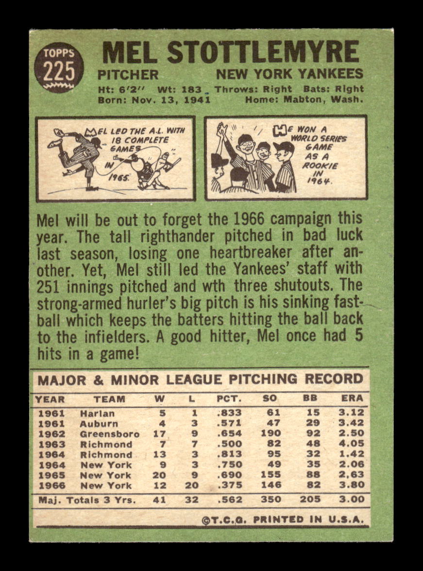 1967 Topps #225 Mel Stottlemyre New York Yankees VG HOF10011673