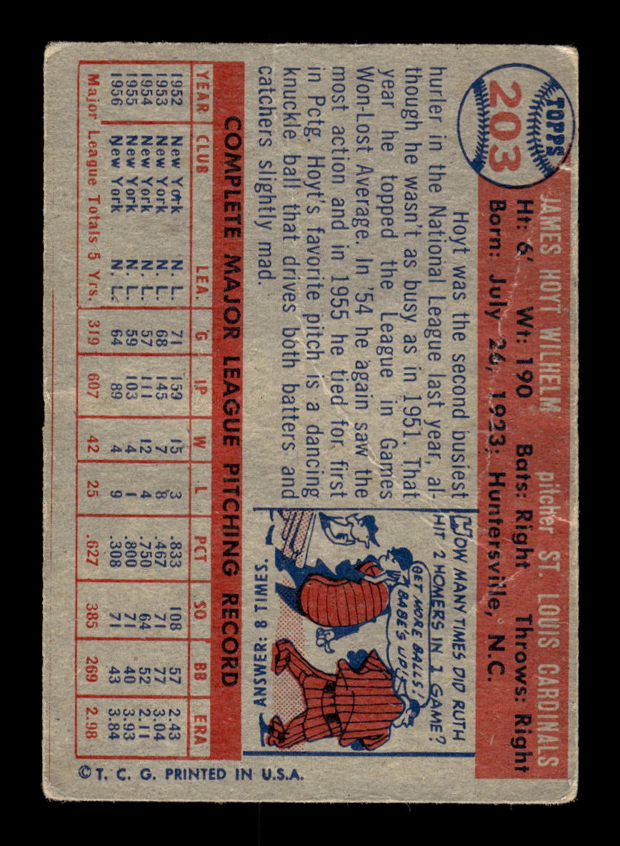 1957 Topps #203 Hoyt Wilhelm St. Louis Cardinals Poor HOF10011707