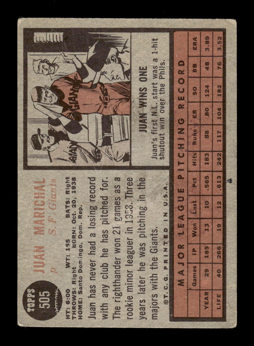 1962 Topps #505 Juan Marichal San Francisco Giants VG HOF10011730
