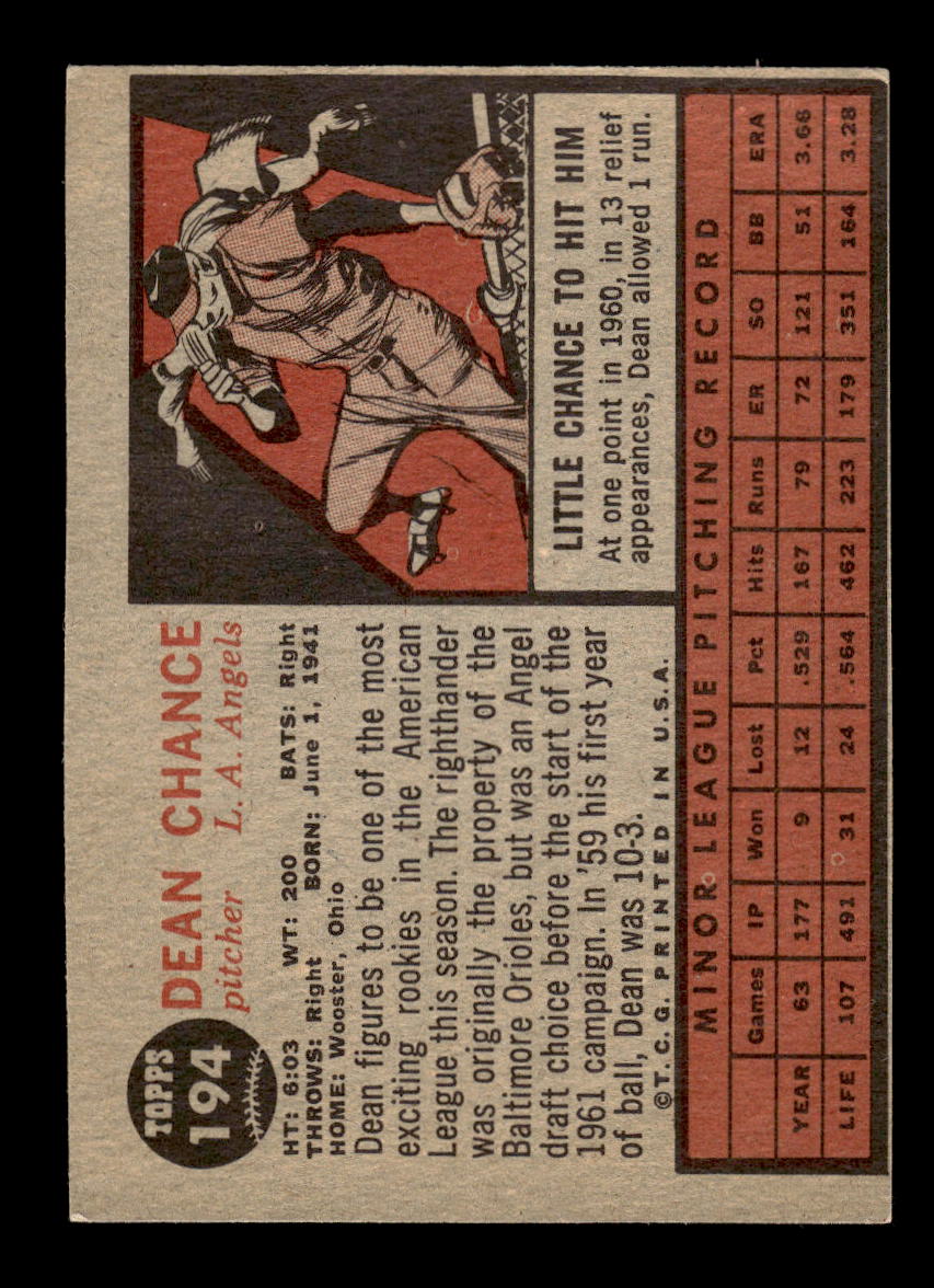 1962 Topps #194a Dean Chance Los Angeles Angels VG HOF10011737