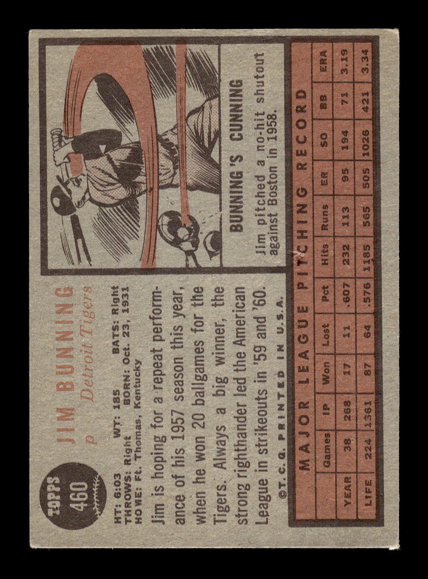 1962 Topps #460 Jim Bunning Detroit Tigers VG HOF10011739