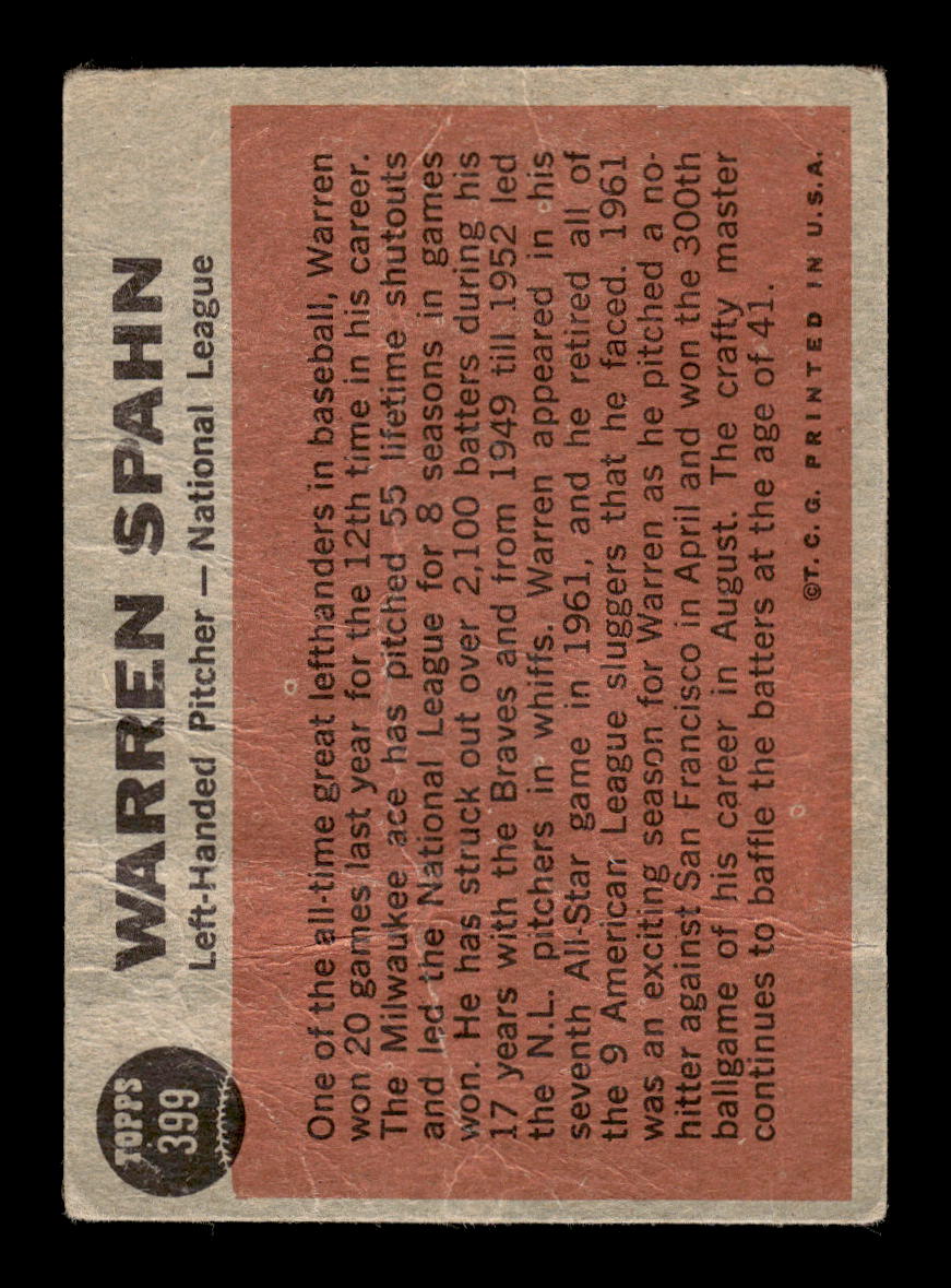 1962 Topps #399 Warren Spahn Milwaukee Braves Poor HOF10011740