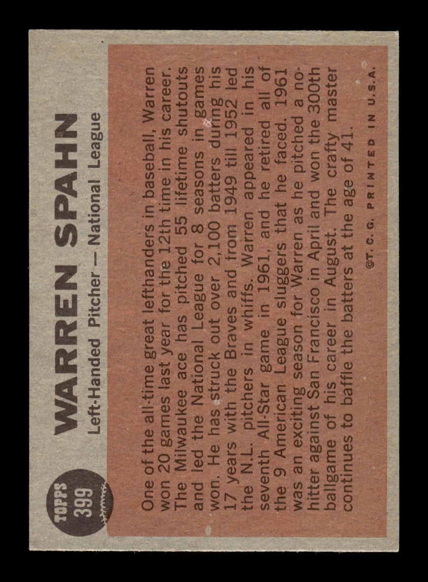 1962 Topps #399 Warren Spahn Milwaukee Braves VGEX HOF10011741