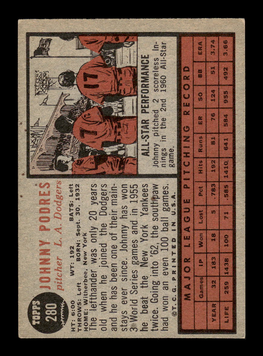 1962 Topps #280 Johnny Podres Los Angeles Dodgers VGEX HOF10011747