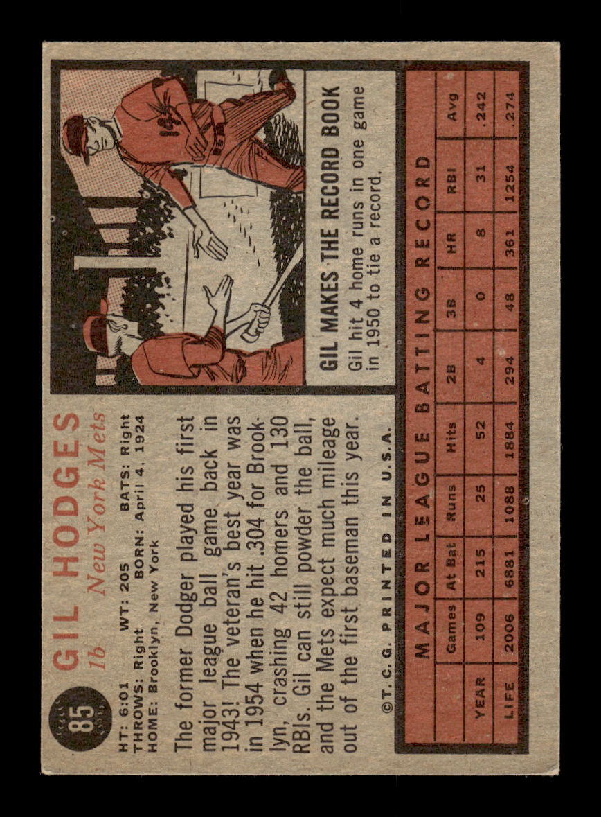 1962 Topps #85 Gil Hodges New York Mets VGEX HOF10011751