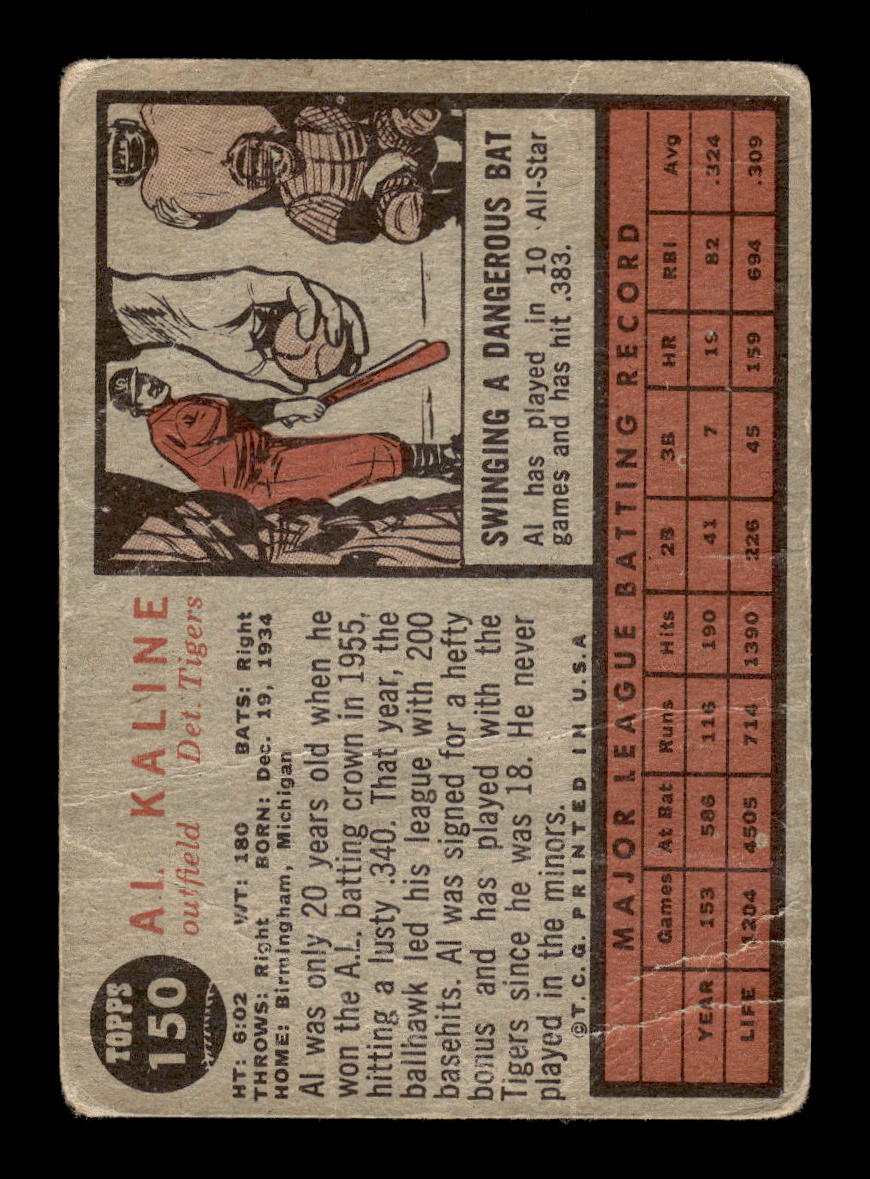 1962 Topps #150a Al Kaline Detroit Tigers Poor HOF10011753