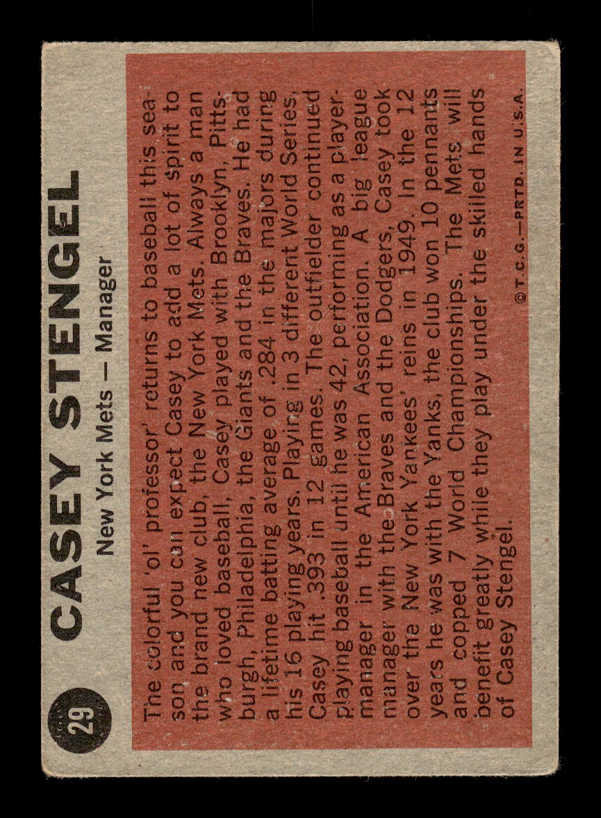 1962 Topps #29 Casey Stengel New York Mets VG HOF10011762