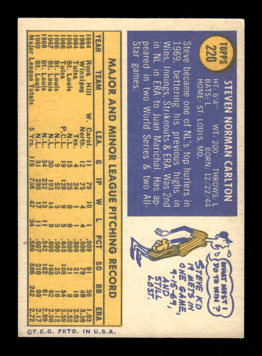 1970 Topps #220 Steve Carlton St. Louis Cardinals VGEX HOF10011790