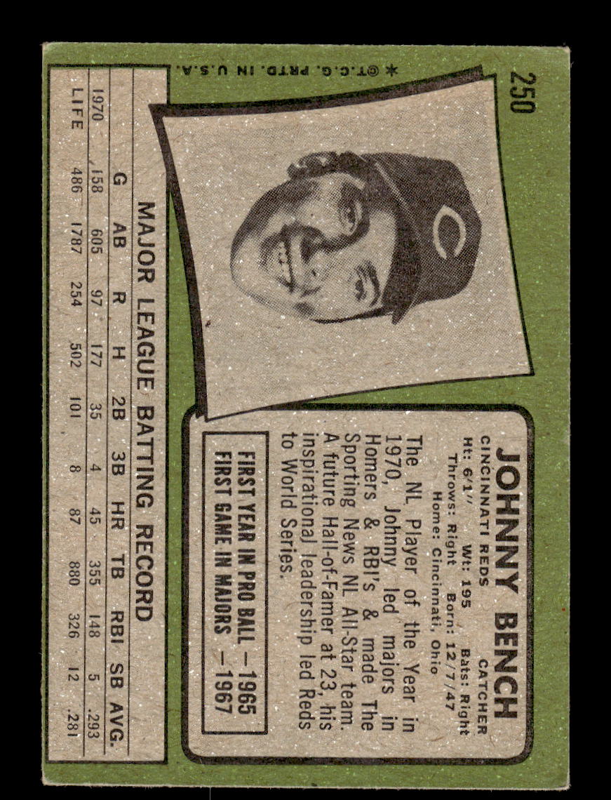 1971 Topps #250 Johnny Bench Cincinnati Reds VGEX HOF10011793