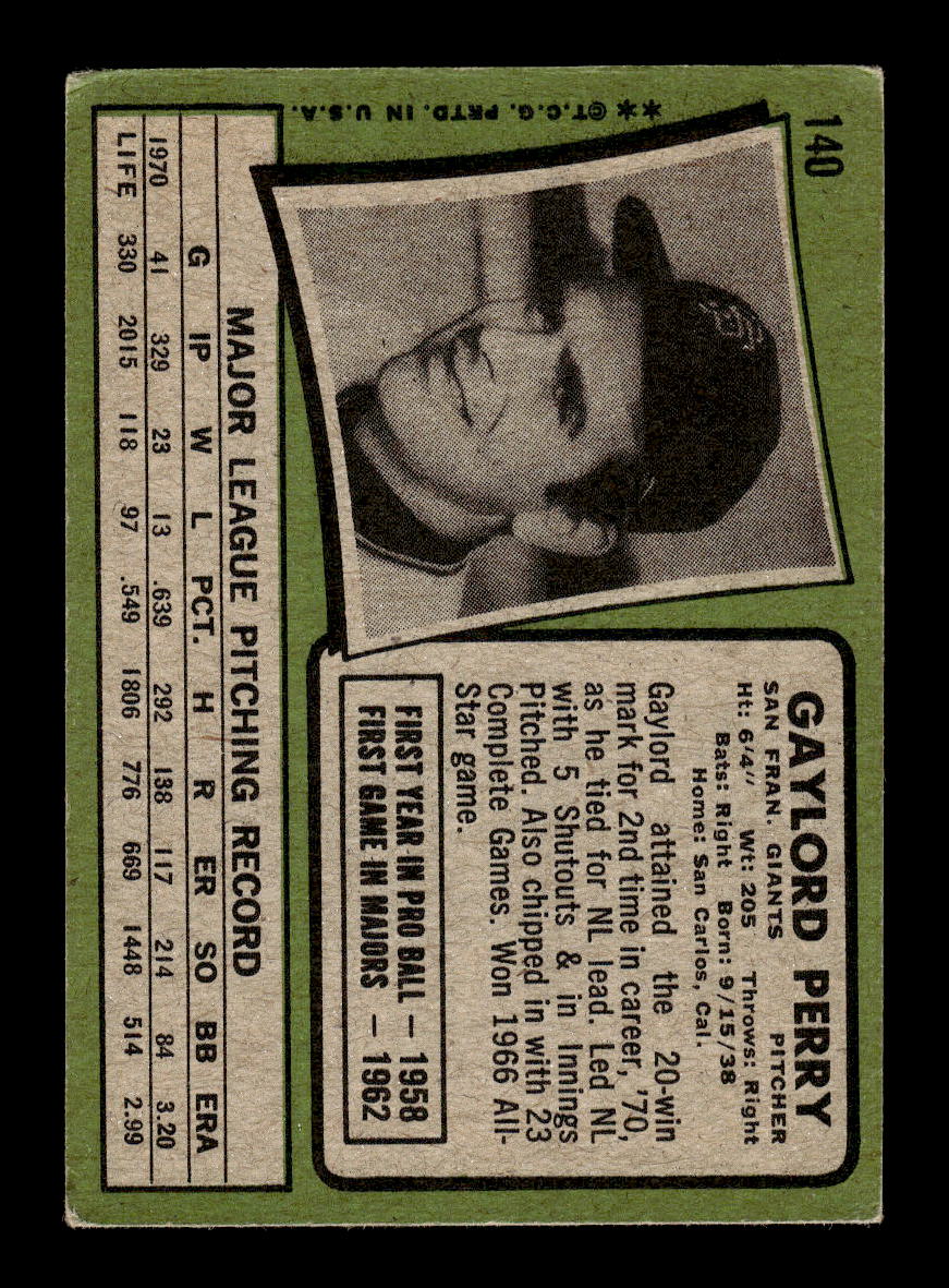 1971 Topps #140 Gaylord Perry San Francisco Giants VGEX HOF10011795