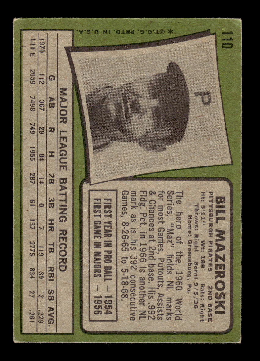 1971 Topps #110 Bill Mazeroski Pittsburgh Pirates VGEX HOF10011796