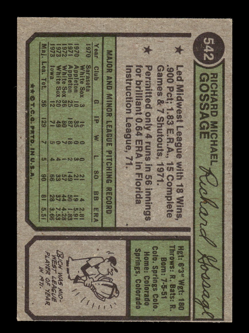 1974 Topps #542 Rich Gossage Chicago White Sox EX HOF10011836