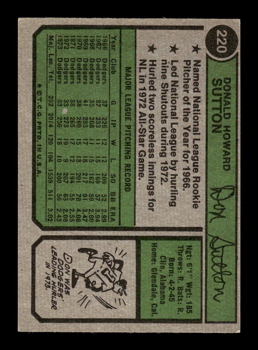 1974 Topps #220 Don Sutton Los Angeles Dodgers VGEX HOF10011840