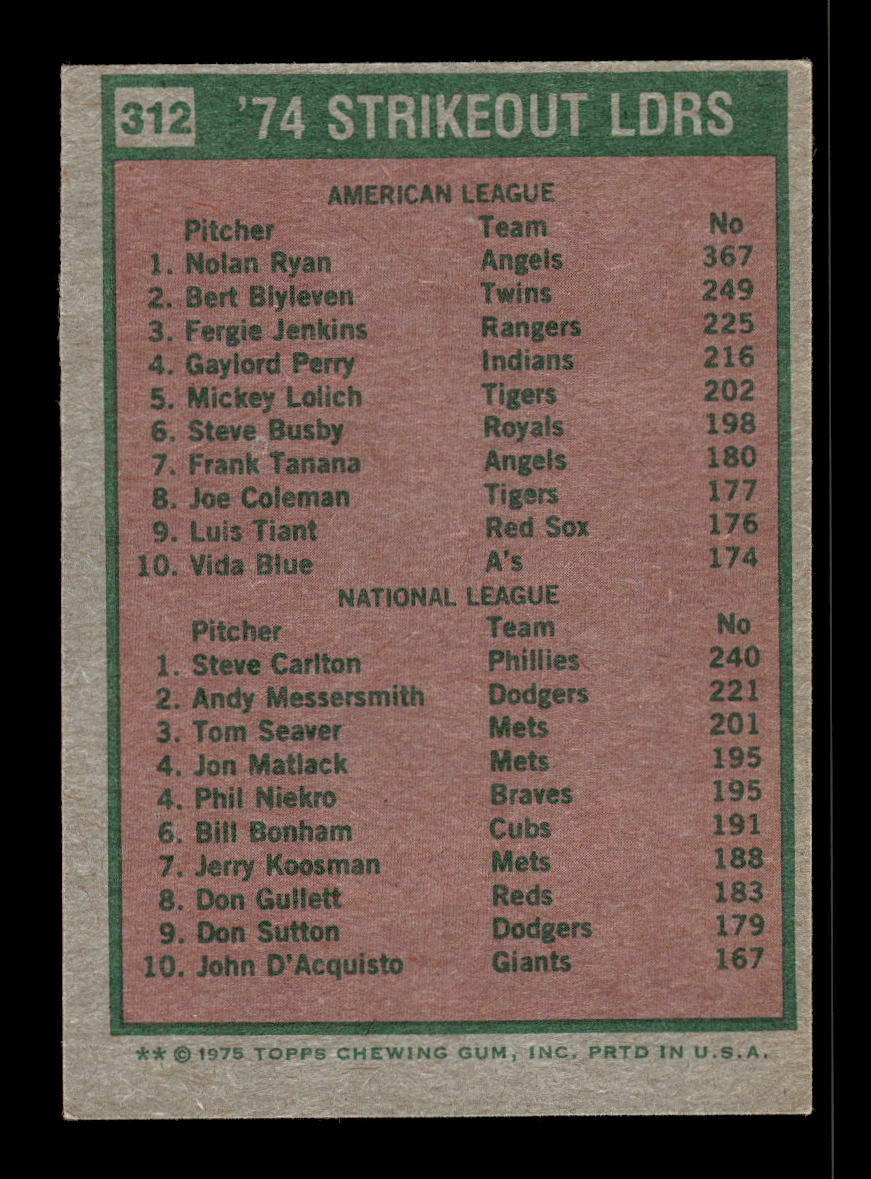 1975 Topps #312 1974 Strikeout Leaders Nolan Ryan Steve Carlton EX 10011869