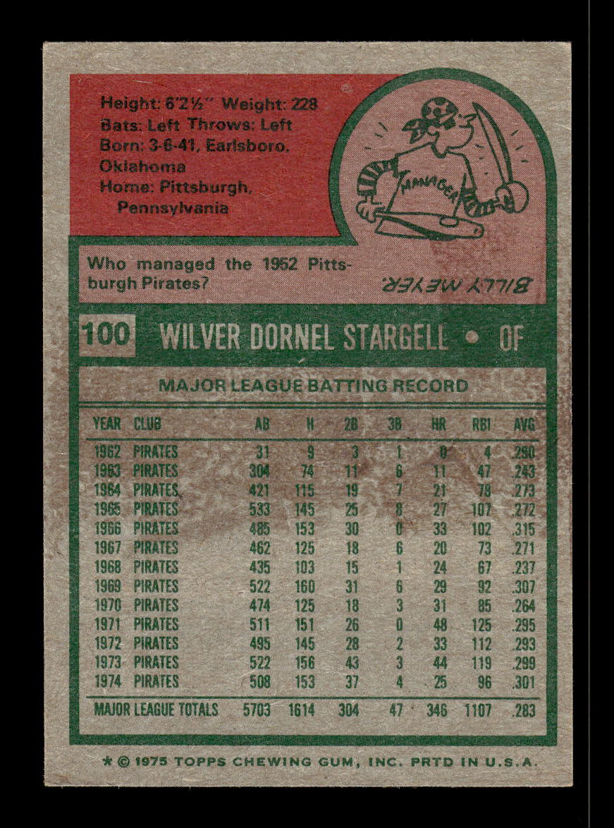 1975 Topps #100 Willie Stargell Pittsburgh Pirates VGEX 10011882