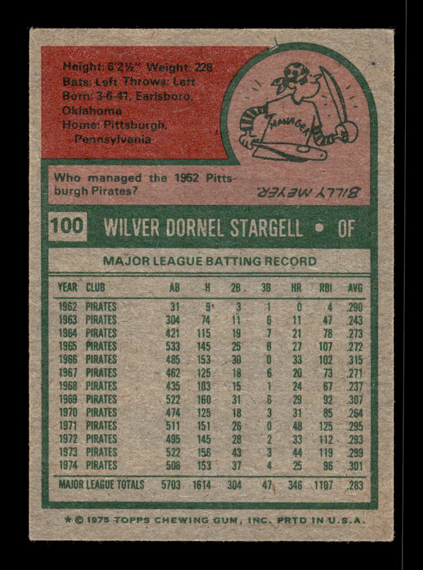 1975 Topps #100 Willie Stargell Pittsburgh Pirates G/VG 10011884
