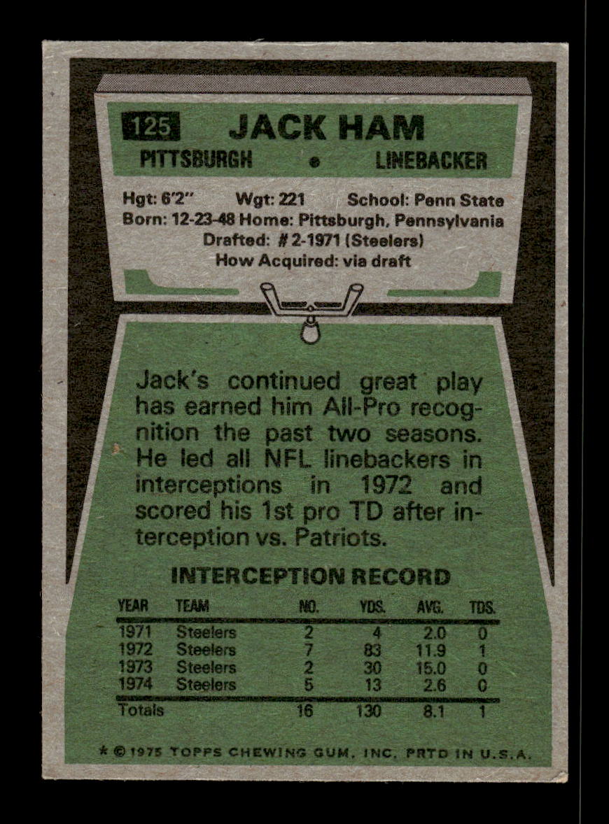 1975 Topps #125 Jack Ham Pittsburgh Steelers VGEX 10011906
